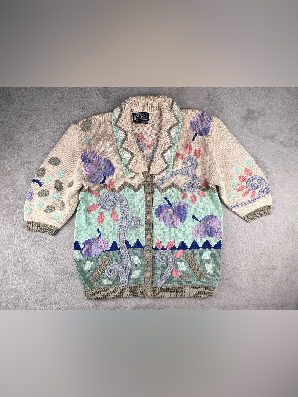 Berek Marta D Cardigan Pastel Floral Spring Hand Knit 3D Cottage Granny L XL